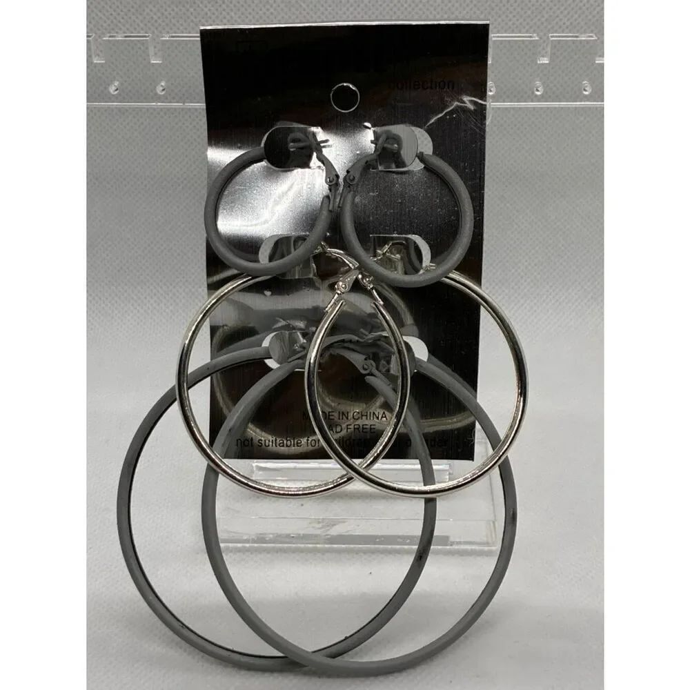 3For$20 Gray Hoop Earrings 3 Pair Matte Minimalist Rubber Coated Light